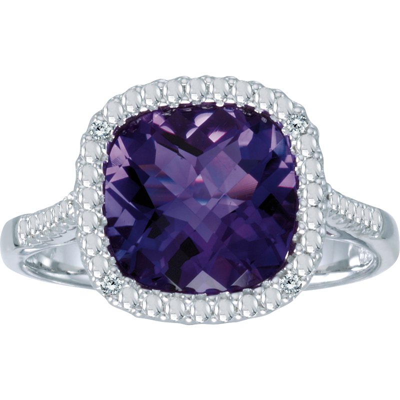 14K White Gold Cushion Cut Amethyst And Diamond Ring