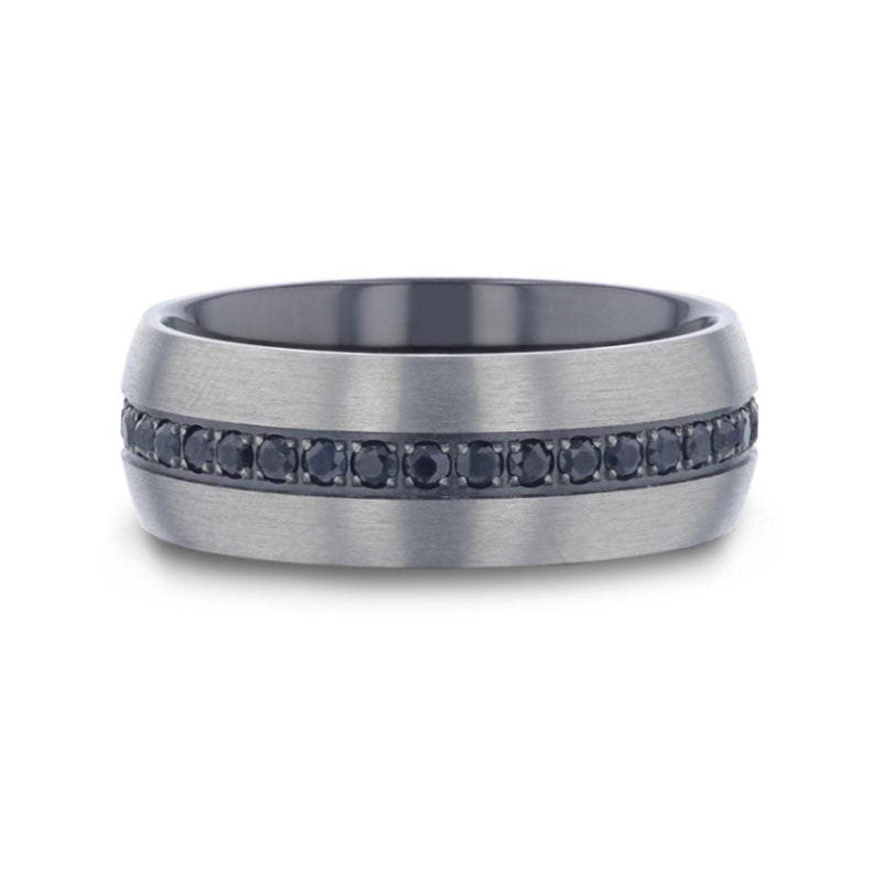 Thorsten AVIATOR Domed Brushed Titanium Men's Wedding Band with Black Sapphire Stones Inlay - 8mm Thorsten AVIATOR Domed Brushed Titanium Men's Wedding Band with Black Sapphire Stones Inlay - 8mm