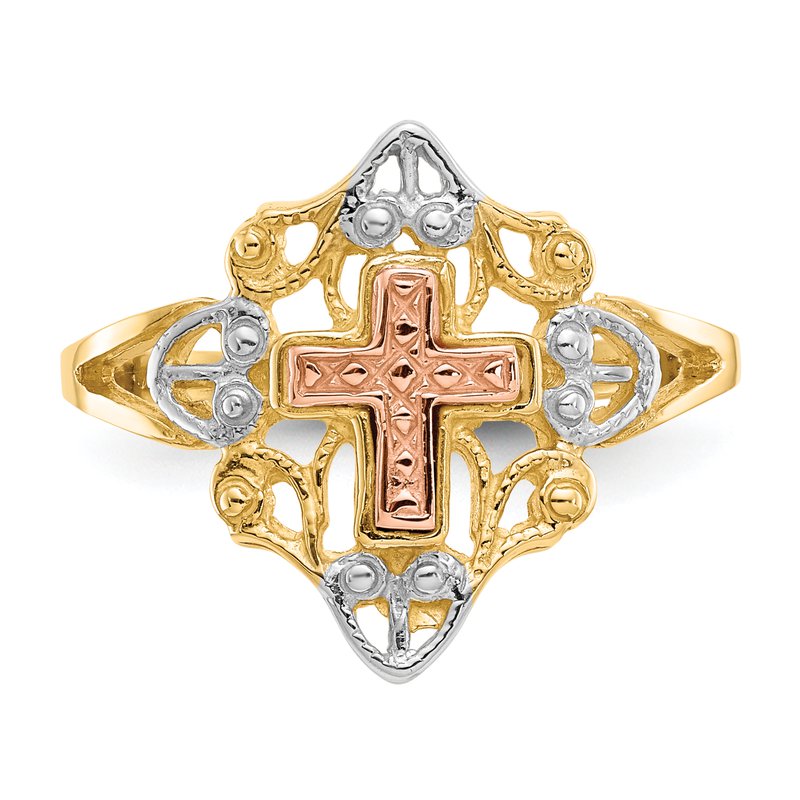 Quality Gold 14K Two-tone w/White Rhodium Cross Ring K3944