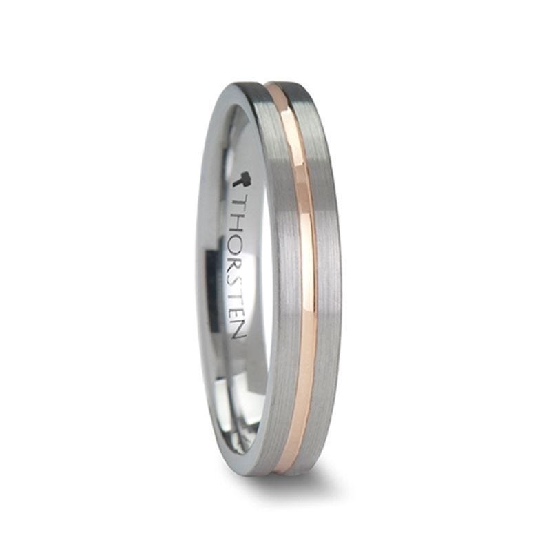 Thorsten ZEUS Flat Brushed Finish Tungsten Carbide Ring with Rose Gold Plated Groove - 4mm - 10mm Thorsten ZEUS Flat Brushed Finish Tungsten Carbide Ring with Rose Gold Plated Groove - 4mm - 10mm