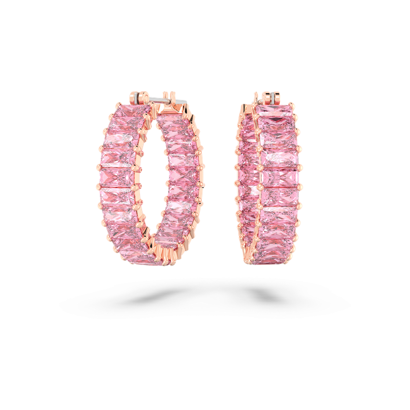 Swarovski Matrix hoop earrings, Baguette cut, Pink, Rose gold-tone