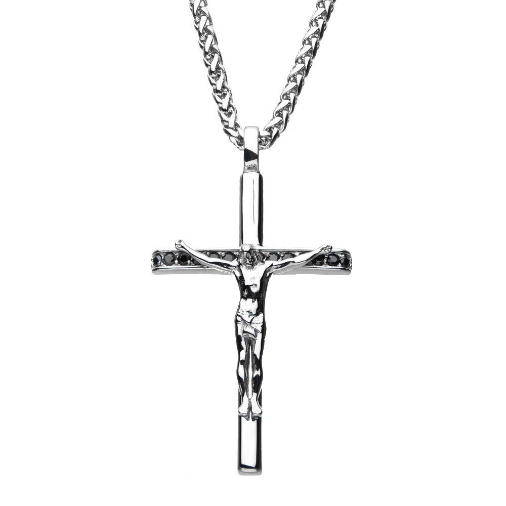 INOX Jewelry Stainless Steel with Black CZ Jesus Christ Crucifix