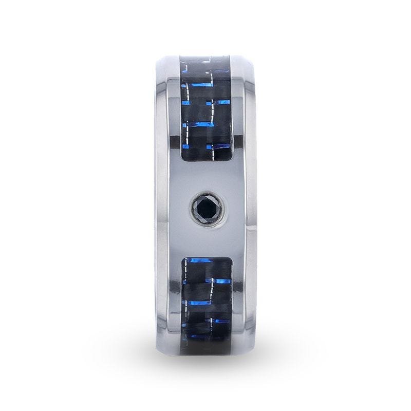 Thorsten PACIFIC Black And Blue Carbon Fiber Inlaid Titanium Men's Wedding Band With Beveled Polished Edges and Black Sapphire Center Stone Thorsten PACIFIC Black And Blue Carbon Fiber Inlaid Titanium Men's Wedding Band With Beveled Polished Edges and Black Sapphire Center Stone
