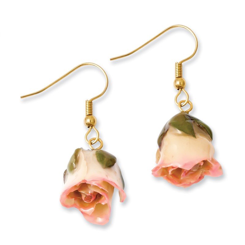 Lacquered Cream & Pink Real Rose Dangle Earrings Lacquered Cream & Pink Real Rose Dangle Earrings
