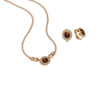 Tiger Eye Pendant and Clip Earrings Set ZJ452-JJS91574