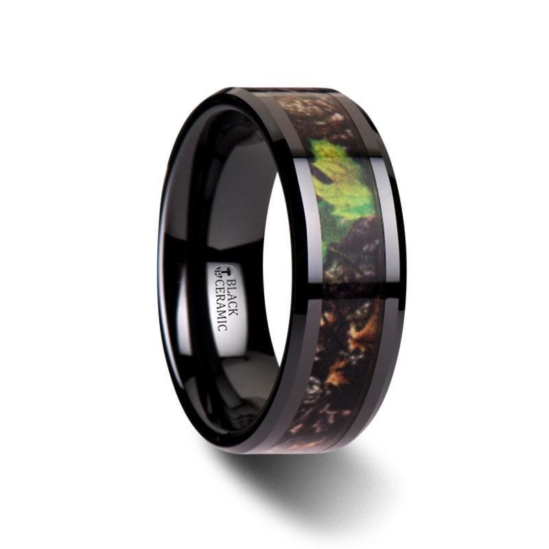 Thorsten NIGHTFALL Realistic Tree Camo Black Ceramic Wedding Band with Green Leaves - 8mm