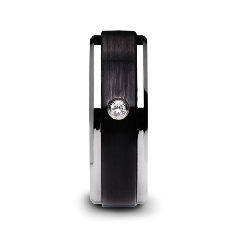 Thorsten MONARCH Black Ceramic Wedding Band with Diamond, Polished Beveled Step Edges, & Raised Brush Center - 6mm & 8mm Thorsten MONARCH Black Ceramic Wedding Band with Diamond, Polished Beveled Step Edges, & Raised Brush Center - 6mm & 8mm