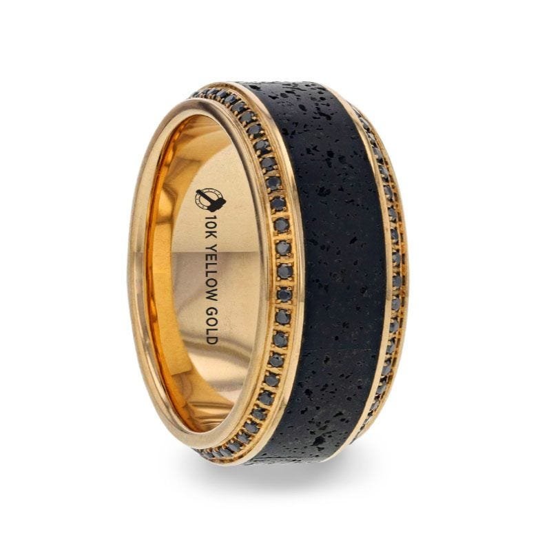 Thorsten HYPERION Lava Inlaid 10K Yellow Gold Wedding Ring Polished Beveled Edges Set with Round Black Diamonds - 10mm