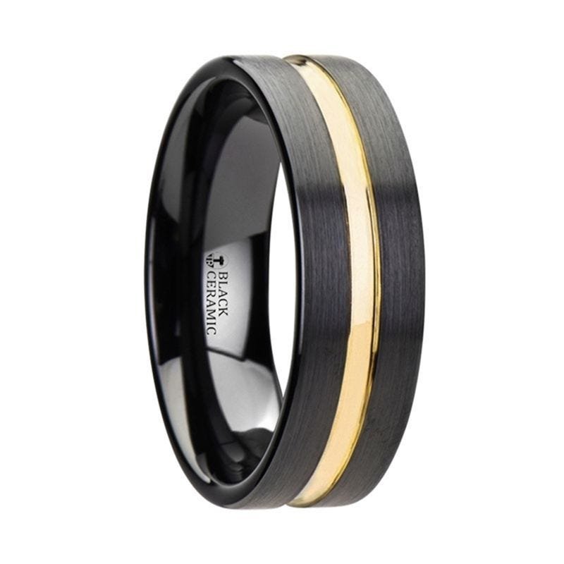 Thorsten VIVALDI Black Ceramic Wedding Band With Yellow Gold Groove - 4mm 6mm or 8mm Thorsten VIVALDI Black Ceramic Wedding Band With Yellow Gold Groove - 4mm 6mm or 8mm
