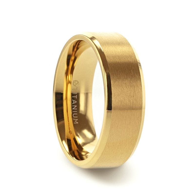 Thorsten RADIATE Gold-Plated Titanium Flat Brushed Center Men's Wedding Ring With Beveled Polished Edges - 8mm Thorsten RADIATE Gold-Plated Titanium Flat Brushed Center Men's Wedding Ring With Beveled Polished Edges - 8mm