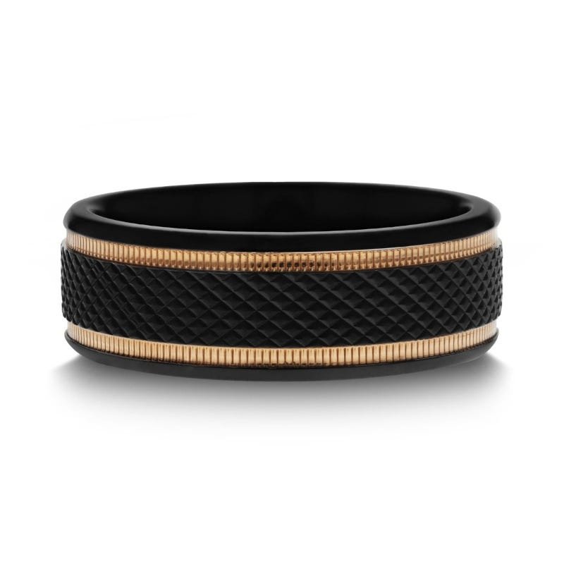 Thorsten BAROQUE Black Titanium Diamond Pattern Brushed Finish Men’s Wedding Ring with Gold Milgrain Grooves – 8mm Thorsten BAROQUE Black Titanium Diamond Pattern Brushed Finish Men’s Wedding Ring with Gold Milgrain Grooves – 8mm