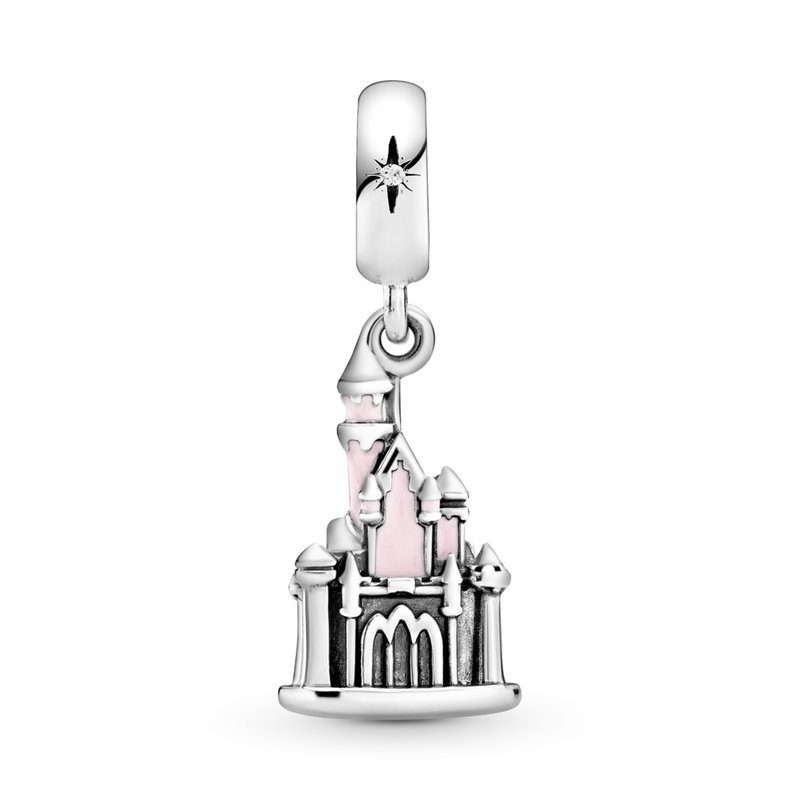 PANDORA Disneyland castle silver dangle with pink enamel and