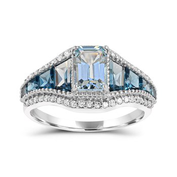 14K White Gold Aquamarine, London Blue Topaz  and Diamond 0.176cts Ring R12810AQLB6W4