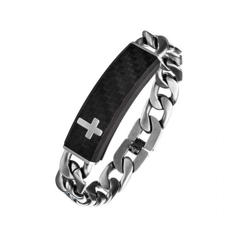 INOX Jewelry Carbon Fiber Black with Cross & Steel Adjustable Link