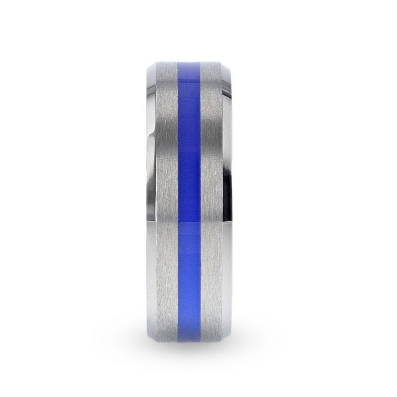 Thorsten BARRY Blue Stripe Inlaid Titanium Flat Brushed Men's Wedding Ring With Beveled Polished Edges - 8mm Thorsten BARRY Blue Stripe Inlaid Titanium Flat Brushed Men's Wedding Ring With Beveled Polished Edges - 8mm