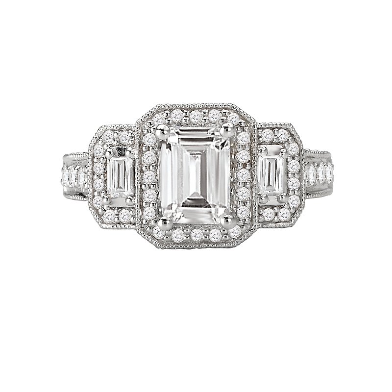 Halo Three Stone Claw Prong Cushion Diamond Engagement Ring