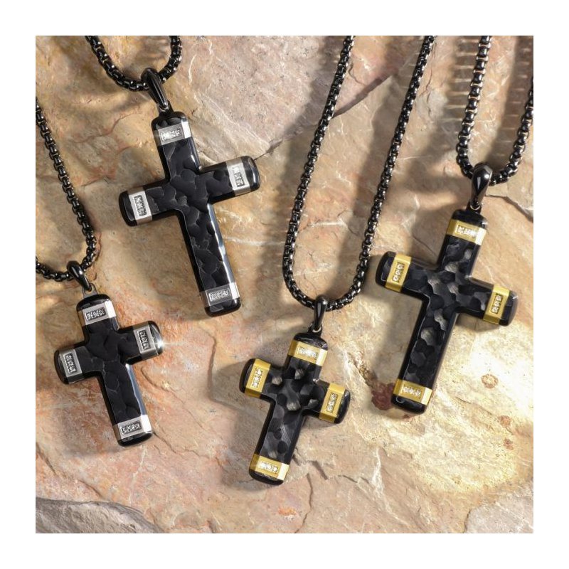 INOX Jewelry Matte Finish Black IP Carved Steel Large Cross