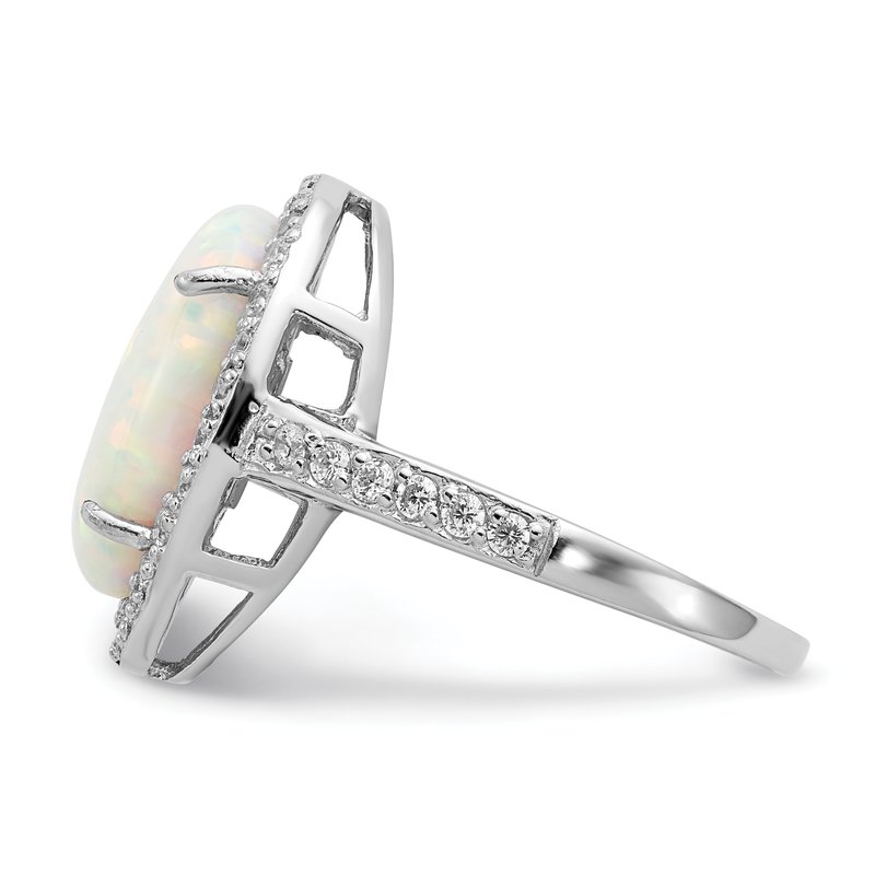 Cheryl M Sterling Silver Round White Created Opal & CZ Halo Ring
