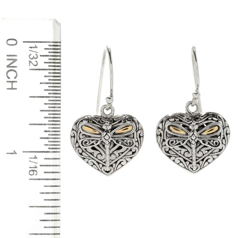 STERLING SILVER/18K HEART SHAPED EARRINGS W/ DRAGONFLY