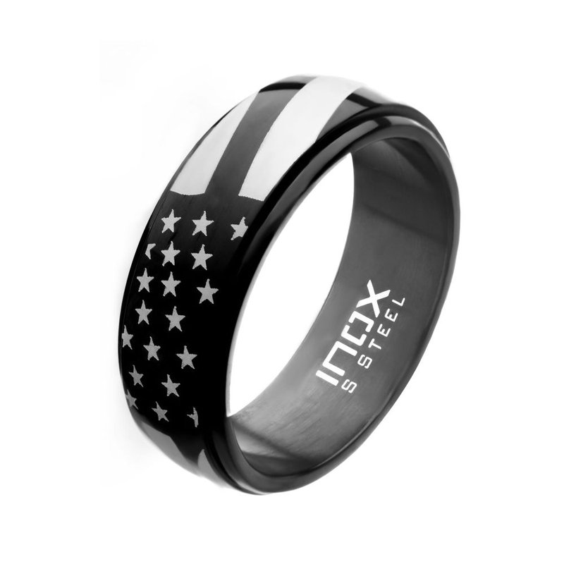 INOX Jewelry Black IP Steel American Flag Spinner Ring FR2107OP