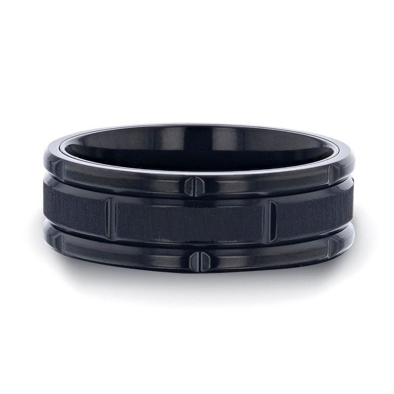 Thorsten WYNN Alternating Grooves And Horizontal Etched Finish Black Titanium Men's Wedding Band With Alternating Grooved Beveled Polished Edges - 8mm Thorsten WYNN Alternating Grooves And Horizontal Etched Finish Black Titanium Men's Wedding Band With Alternating Grooved Beveled Polished Edges - 8mm