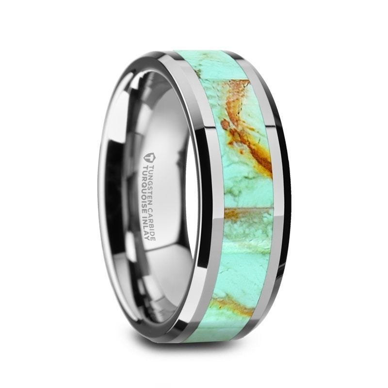 Thorsten PIERRE Polished Tungsten Wedding Band with Light Blue Turquoise Stone Inlay & Polished Beveled Edges - 8mm - Pierre Thorsten PIERRE Polished Tungsten Wedding Band with Light Blue Turquoise Stone Inlay & Polished Beveled Edges - 8mm - Pierre