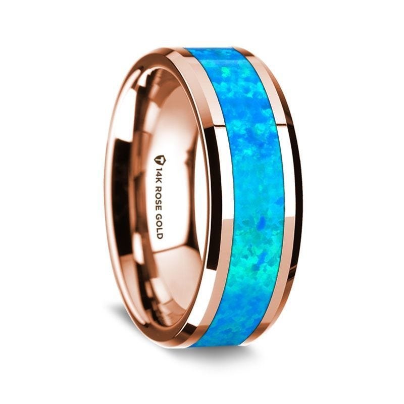 Thorsten 14k White Gold Polished Beveled Edges Wedding Ring with Blue Opal Inlay - 8 mm Thorsten 14k White Gold Polished Beveled Edges Wedding Ring with Blue Opal Inlay - 8 mm