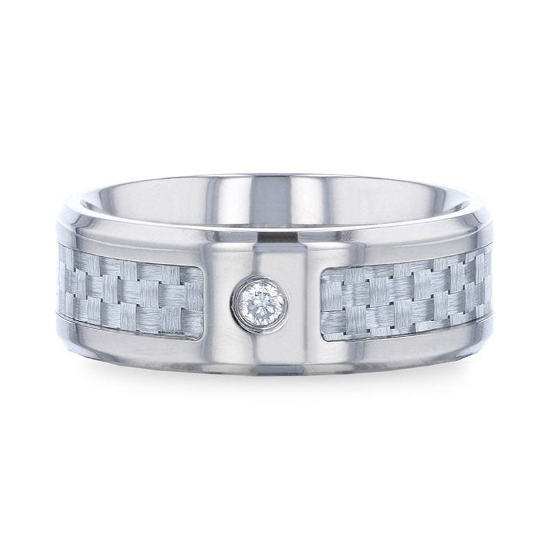 Thorsten MAYBACH Light Gray Carbon Fiber Titanium Men's Wedding Band with White Diamond In The Squared Center Setting And Polished Beveled Edges - 8mm Thorsten MAYBACH Light Gray Carbon Fiber Titanium Men's Wedding Band with White Diamond In The Squared Center Setting And Polished Beveled Edges - 8mm