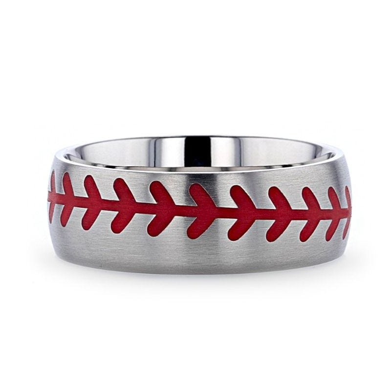 Thorsten DIMAGGIO Titanium Brushed Finish Ring with Red Baseball Stitching Pattern - 8mm Thorsten DIMAGGIO Titanium Brushed Finish Ring with Red Baseball Stitching Pattern - 8mm