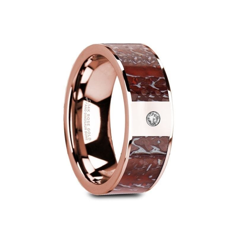 Thorsten 14k White Gold with Brown Dinosaur Inlay & White Diamond Setting - 8mm Thorsten 14k White Gold with Brown Dinosaur Inlay & White Diamond Setting - 8mm
