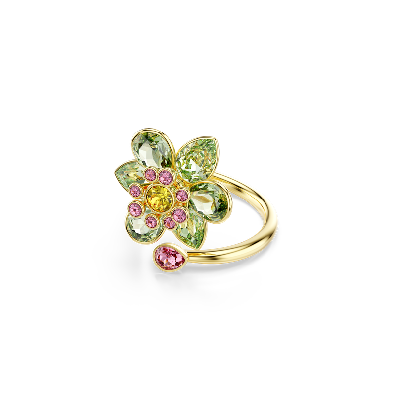 Swarovski Idyllia open ring, Mixed cuts, Flower, Green, Gold-tone