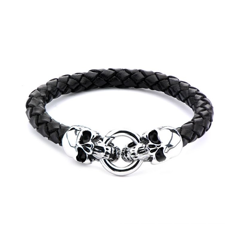 INOX Jewelry Black Leather with Skulls Bracelet BR0158