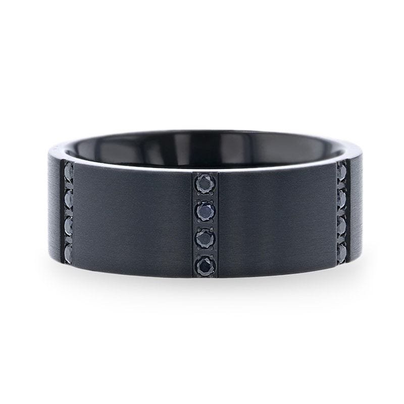 Thorsten MYSTERIOUS Flat Brushed Black Titanium Ring With 6 Sets of Quadruple Black Sapphires In Horizontal Channels Thorsten MYSTERIOUS Flat Brushed Black Titanium Ring With 6 Sets of Quadruple Black Sapphires In Horizontal Channels