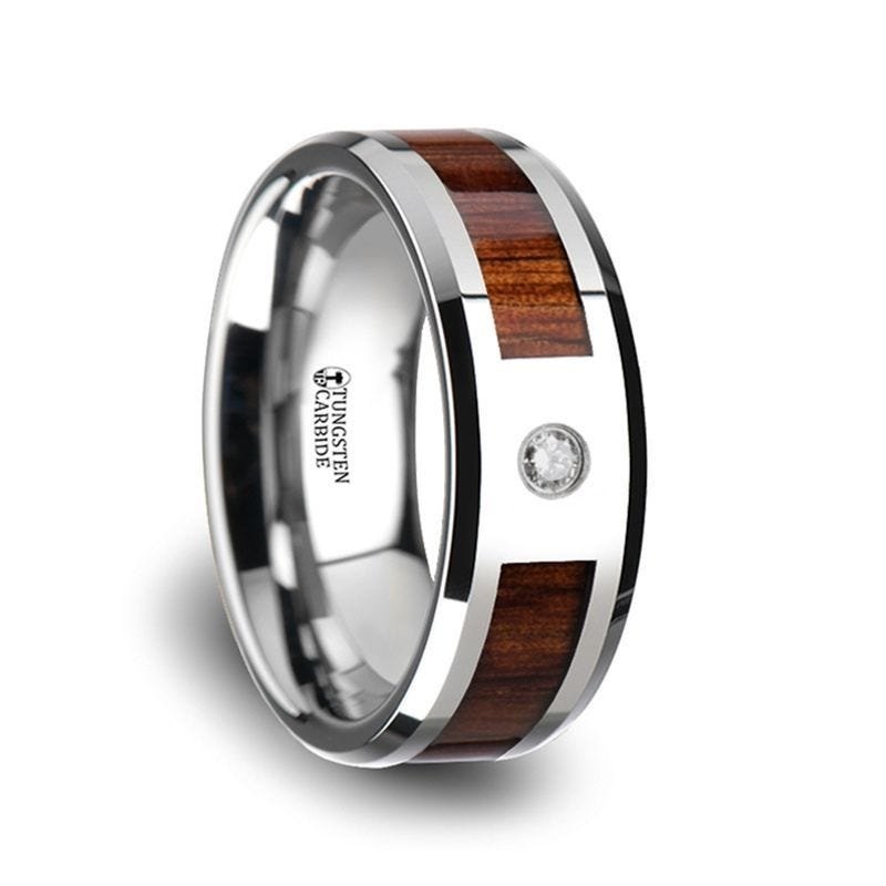 Thorsten KAHUNA Tungsten Carbide Beveled Edged Diamond Wedding Band with Koa Wood Inlay & Polished Edges - 8mm Thorsten KAHUNA Tungsten Carbide Beveled Edged Diamond Wedding Band with Koa Wood Inlay & Polished Edges - 8mm