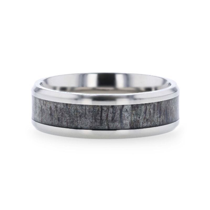 Thorsten MELANISTIC Dark Deer Antler Inlaid Titanium Flat Polished Finish Men's Wedding Band With Beveled Edges - 8mm