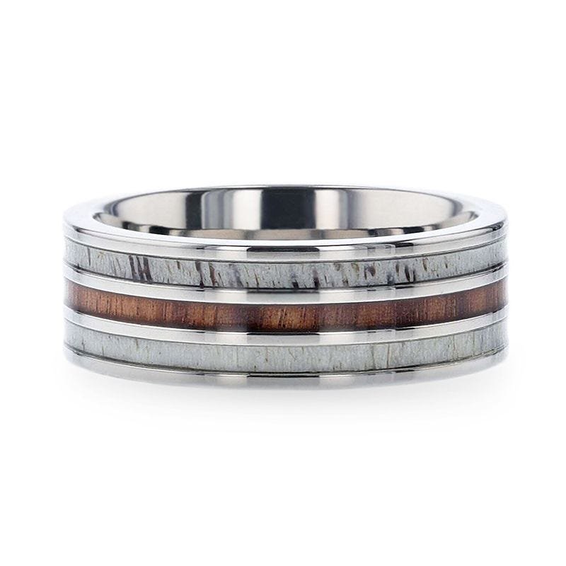 Thorsten TRIPOLI Wood Inlaid Titanium Flat Polished Finish Men's Wedding Ring With White Double Deer Antler Edges - 8mm Thorsten TRIPOLI Wood Inlaid Titanium Flat Polished Finish Men's Wedding Ring With White Double Deer Antler Edges - 8mm