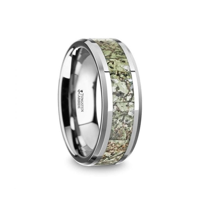 Thorsten TARGARYEN Tungsten Wedding Band Green Dinosaur Bone Inlay & Beveled Edges - 8mm Thorsten TARGARYEN Tungsten Wedding Band Green Dinosaur Bone Inlay & Beveled Edges - 8mm