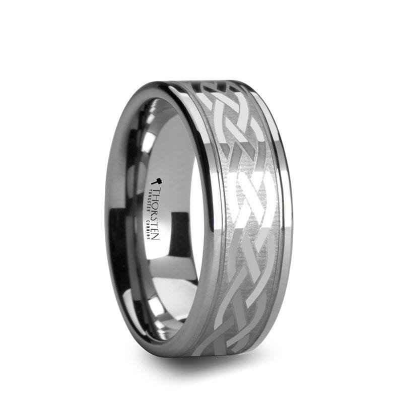 Thorsten PAETUS Flat Dual Offset Grooved Tungsten Ring with Celtic Design - 8mm & 10mm Thorsten PAETUS Flat Dual Offset Grooved Tungsten Ring with Celtic Design - 8mm & 10mm