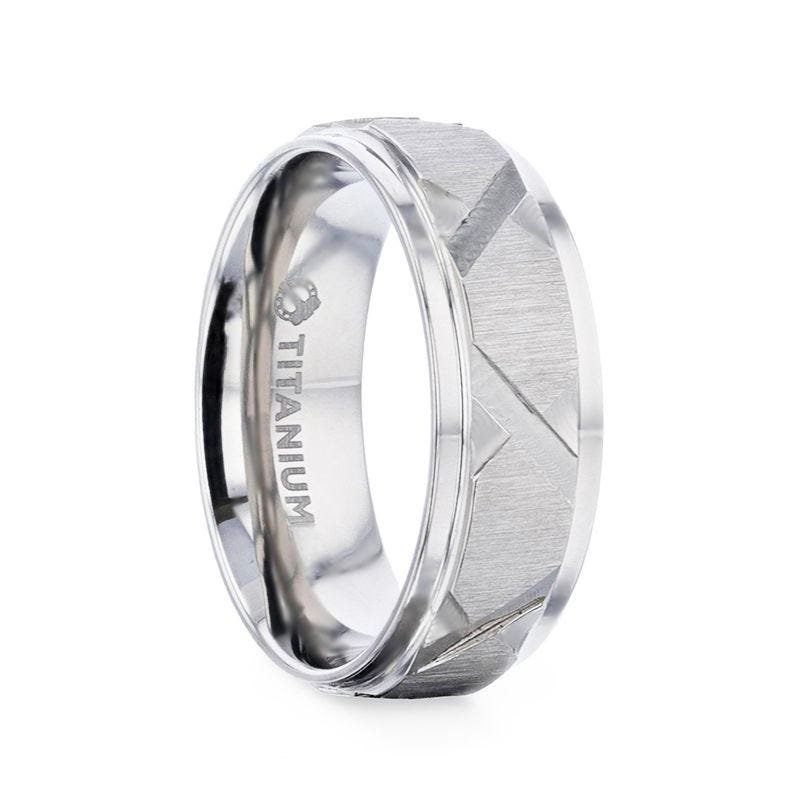 Thorsten VIRAGE Raised Horizontal Etch and Diagonal Shaped Cuts Centered Titanium Men's Wedding Ring With Polished Step Edges - 8mm Thorsten VIRAGE Raised Horizontal Etch and Diagonal Shaped Cuts Centered Titanium Men's Wedding Ring With Polished Step Edges - 8mm
