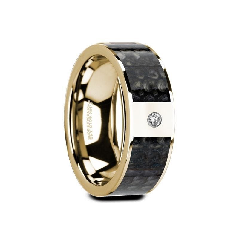Thorsten GAUFRID Flat 14K Yellow Gold with Blue Dinosaur Bone Inlay & White Diamond Setting - 8mm Thorsten GAUFRID Flat 14K Yellow Gold with Blue Dinosaur Bone Inlay & White Diamond Setting - 8mm
