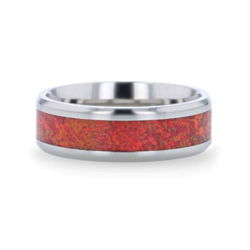 Thorsten CASSIOPEIA Titanium Ring With Beveled Edges And Red Opal Inlay - 8mm