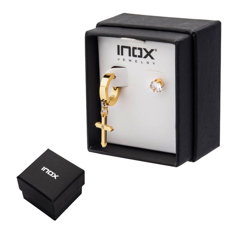 INOX Jewelry Gold IP Dangling Cross with CZ Huggie & Prong Set CZ