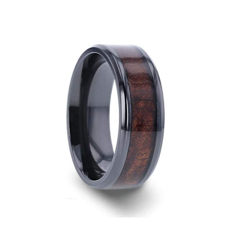 Thorsten CERISE Redwood Inlaid Black Ceramic Ring with Beveled Edges - 8mm Thorsten CERISE Redwood Inlaid Black Ceramic Ring with Beveled Edges - 8mm