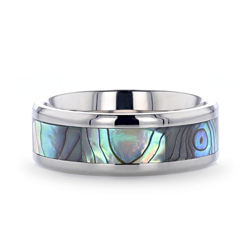 Thorsten KAUI Titanium Polished Finish Mother Of Pearl Inlaid Men’s Beveled Wedding Band - 6mm & 8mm Thorsten KAUI Titanium Polished Finish Mother Of Pearl Inlaid Men’s Beveled Wedding Band - 6mm & 8mm