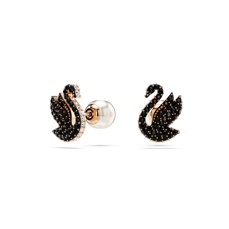 Swarovski Swan stud earrings, Crystal pearl, Swan, Black, Rose