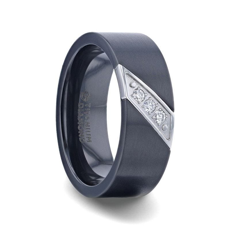 Thorsten JAGUAR Flat Brushed Black Titanium Men's Wedding Band With Small Silver-Coated Diagonal Design And A Set of 3 Diamonds - 8mm Thorsten JAGUAR Flat Brushed Black Titanium Men's Wedding Band With Small Silver-Coated Diagonal Design And A Set of 3 Diamonds - 8mm