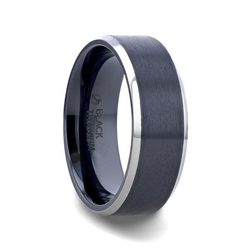 Thorsten ATNOS Brushed Black Center Polished Beveled Edges Men’s Titanium Wedding Ring - 6mm & 8mm Thorsten ATNOS Brushed Black Center Polished Beveled Edges Men’s Titanium Wedding Ring - 6mm & 8mm