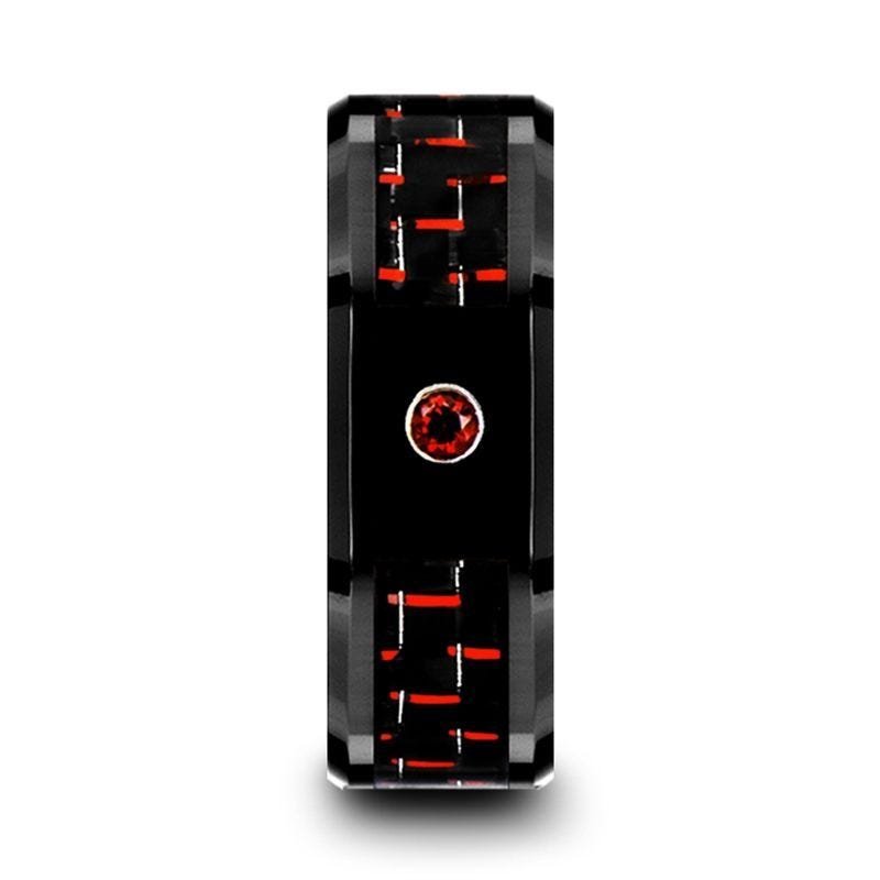 Thorsten SORRELL Black Ceramic Ring Black and Red Carbon Fiber Ruby Setting - 8mm