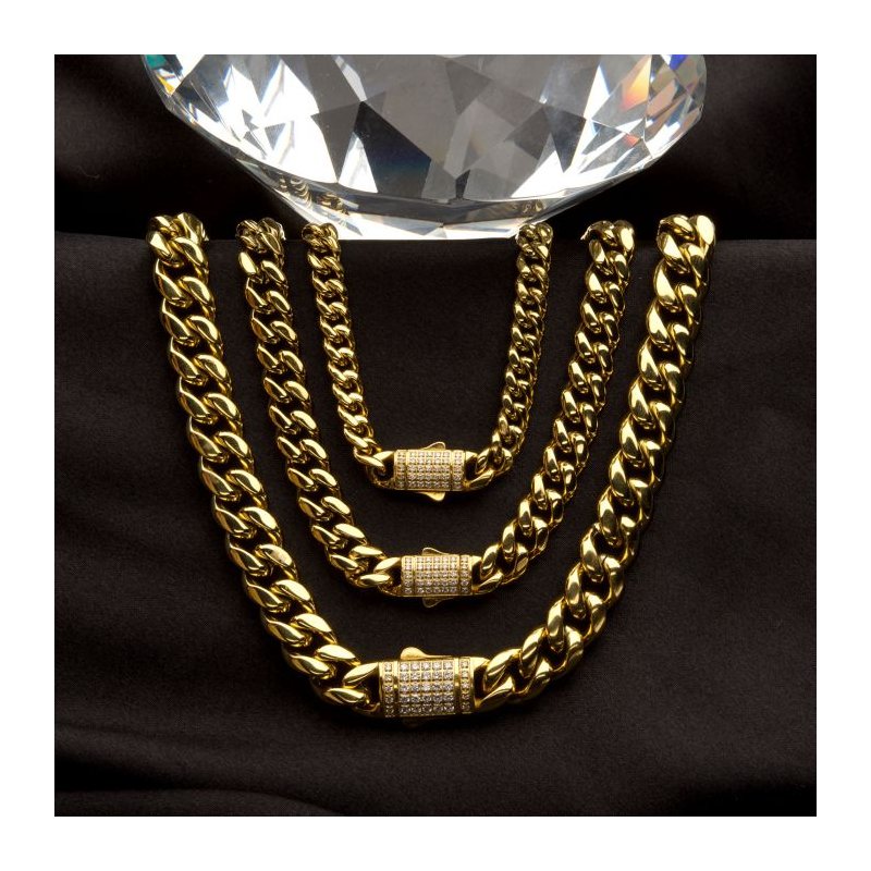 INOX Jewelry 8mm 18Kt Gold IP Miami Cuban Chain Necklace with CNC