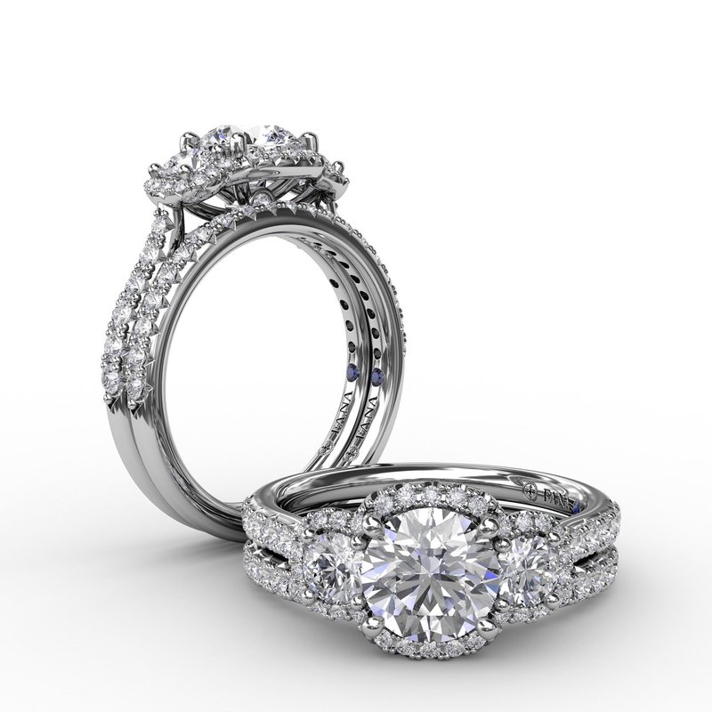 Three-Stone Round Diamond Halo Engagement Ring S3314 - Fana